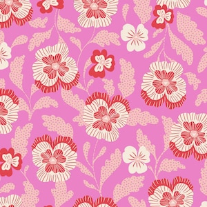 May include: A repeating pattern of stylized flowers and leaves in shades of pink, red, and cream. The flowers have a detailed, striped design, and the leaves are dotted. The background is a solid, bright pink.