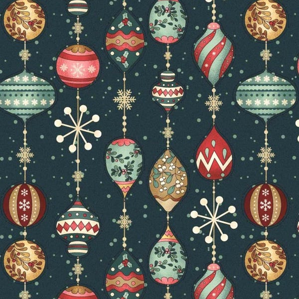 May include: A dark teal fabric pattern featuring vertical rows of hanging Christmas ornaments in red, green, and gold. The design includes various shapes of baubles, some with snowflake motifs, mistletoe illustrations, and starburst accents.