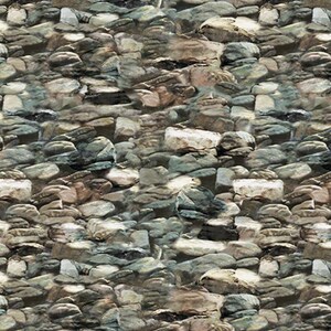 Puede incluir: Un patr&oacute;n continuo de piedras de varios tama&ntilde;os en tonos grises, marrones y verdes. Las piedras est&aacute;n muy juntas, creando una superficie texturizada y naturalista. El efecto general recuerda a un muro de piedra o un paisaje rocoso.
