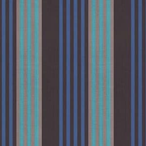 May include: A fabric with a vertical stripe pattern. The stripes alternate between dark brown, blue, teal, and gray. The pattern is evenly spaced and creates a visually appealing design.
