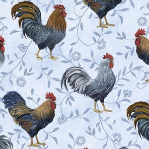 May include: A light blue fabric featuring a repeating pattern of roosters and floral vines. The roosters have red combs, brown and gray feathers, and yellow feet. The vines and flowers are a muted blue, creating a cohesive and rustic design.