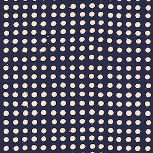 May include: A navy blue background is covered with a repeating pattern of off-white, circular dots. The dots are evenly spaced and create a grid-like design. The overall effect is a simple, yet visually interesting pattern.