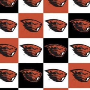 May include: A repeating pattern of orange and black beaver head logos arranged in a grid. The background squares alternate between solid black, solid white, and solid orange, with each square containing a single stylized orange beaver head graphic.