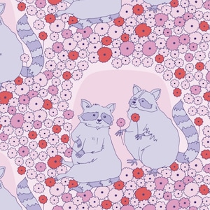 May include: A repeating pattern featuring light purple raccoons surrounded by pink and red flowers on a light pink background. The raccoons are holding flowers. The design is whimsical and suitable for various applications.