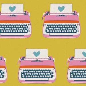 May include: A repeating pattern of pink typewriters with orange accents and white keys on a yellow background. Each typewriter has a sheet of paper with a blue heart. The image is a flat illustration.