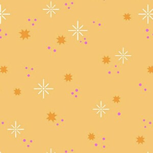 May include: A seamless pattern featuring a light orange background with a repeating design of white starbursts, orange star shapes, and small purple dots. The design is evenly spaced across the surface.