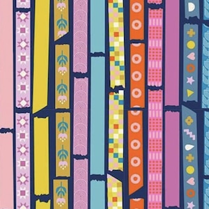 May include: A colorful pattern featuring vertical strips of various designs and colors, including pink, yellow, orange, and blue. Some strips have geometric patterns, while others have floral or dotted designs. The background is a dark navy blue.