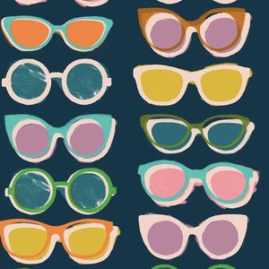 May include: A pattern of colorful sunglasses in various shapes and styles. The sunglasses feature a range of colors, including orange, yellow, green, pink, and purple, set against a dark blue background. The design is repeated throughout the image.