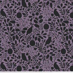 May include: A fabric with a repeating pattern of black silhouettes of birds, fruit, and foliage on a lavender background. The design includes various leaf shapes and floral elements, creating a nature-inspired aesthetic. The fabric is marked with the text "Riley Blake Designs".