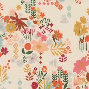 May include: Cream-colored fabric with a repeating floral pattern. The design features a variety of flowers in shades of orange, pink, yellow, and teal, along with green leaves and stems. The overall aesthetic is a whimsical, hand-drawn style.