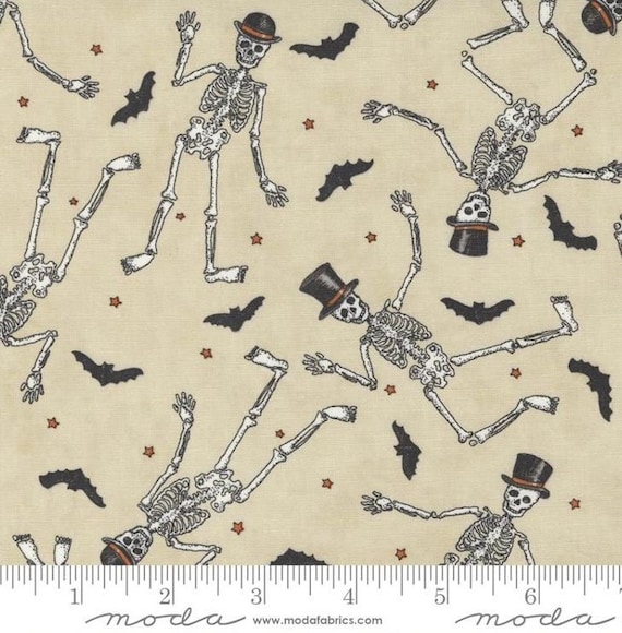 REMNANT Moda GHOSTLY GREETINGS by Deb Strain Dancing Skeletons Parchment
