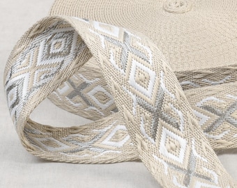 WEBBING Ethnic Webbing 1 1/2" Silver Metallic/Beige/White Double Sided