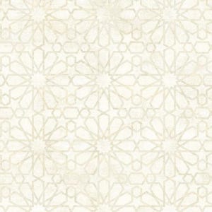 May include: A wallpaper featuring a repeating geometric pattern of interlocking stars and hexagons in soft cream and off-white tones. The design displays a symmetrical, intricate lattice structure with a subtle, weathered texture across the surface.