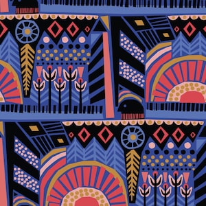 May include: A colorful abstract pattern with geometric shapes, black and white polka dots, and a blue background. The pattern features a variety of shapes, including circles, squares, triangles, and arches.