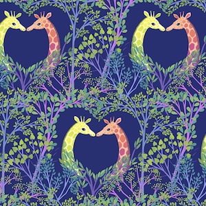 May include: A whimsical pattern featuring giraffes and foliage on a dark blue background. The giraffes, in shades of yellow and orange, form heart shapes amidst stylized trees with green and purple leaves. A repeating design.