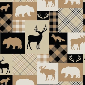 May include: A patchwork pattern featuring woodland animals and plaid designs in black, tan, and cream. Silhouettes of bears, deer, foxes, and moose are interspersed with various plaid patterns, creating a rustic aesthetic.