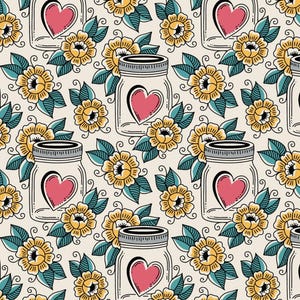 May include: A repeating pattern featuring mason jars with pink hearts, yellow flowers, and teal leaves on a cream background. The design has a vintage, tattoo-inspired aesthetic, with black outlines.