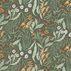 May include: A botanical pattern featuring a variety of stylized flowers and foliage in shades of green, orange, and white. The design includes detailed illustrations of leaves, blossoms, and seed heads, creating a textured and layered effect. The background is a muted olive green.
