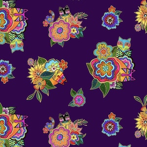 Clothworks FANTASTICATS by Laurel Burch Hidden Cats Dark Purple Gold (METALLIC)