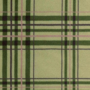 May include: A fabric featuring a plaid pattern with a light olive green base. The design consists of intersecting vertical and horizontal lines in dark forest green, thin black, and soft pink, creating a repeating grid of squares across the surface.