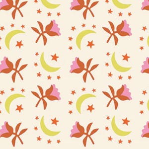 May include: A repeating pattern featuring stylized flowers, crescent moons, and stars in shades of pink, orange, and yellow on a cream background. The floral elements have pink petals and orange stems. The moons are yellow, and the stars are orange.