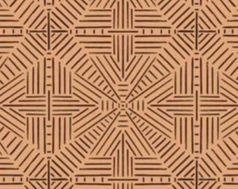 May include: A repeating geometric pattern featuring dark brown lines on a light tan background. The design consists of interconnected diamond shapes formed by clusters of vertical and horizontal line segments, creating a structured grid layout.