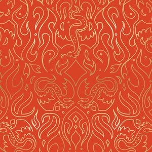 May include: A seamless pattern featuring a repeating design of gold dragons and flame-like shapes on a red background. The intricate, stylized artwork creates a bold and decorative effect, suitable for various applications.