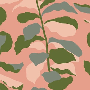 May include: A seamless pattern featuring stylized leaves in shades of green, gray, and pink against a soft coral background. The design has a modern, abstract aesthetic, suitable for textiles or wallpaper.