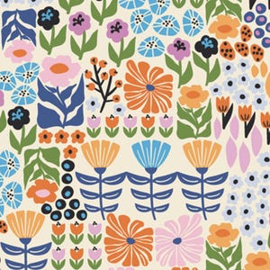 May include: A colorful floral pattern featuring various stylized flowers in shades of orange, blue, pink, and purple on a cream background. The design includes detailed leaves and stems, creating a vibrant and cheerful aesthetic, suitable for fabric or wallpaper.