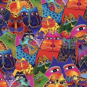 FAT QUARTER Clothworks FANTASTICATS by Laurel Burch Packed Cats Multi Color Gold (Metallic)