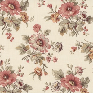 May include: Floral fabric with a cream background. The pattern features clusters of large, pink and red flowers with green and tan leaves. Small red berries and buds are also scattered throughout the design.