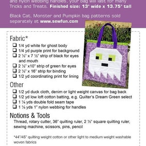 K&ouml;nnte beinhalten: Ein N&auml;hmuster f&uuml;r eine Tote Bag in Form eines Gespenstes. Das Muster enth&auml;lt Anweisungen zum N&auml;hen einer 33 cm breiten und 35 cm hohen Tote Bag. Das Muster enth&auml;lt auch eine Liste der ben&ouml;tigten Materialien, darunter Stoff, Vlies und Zubeh&ouml;r.
