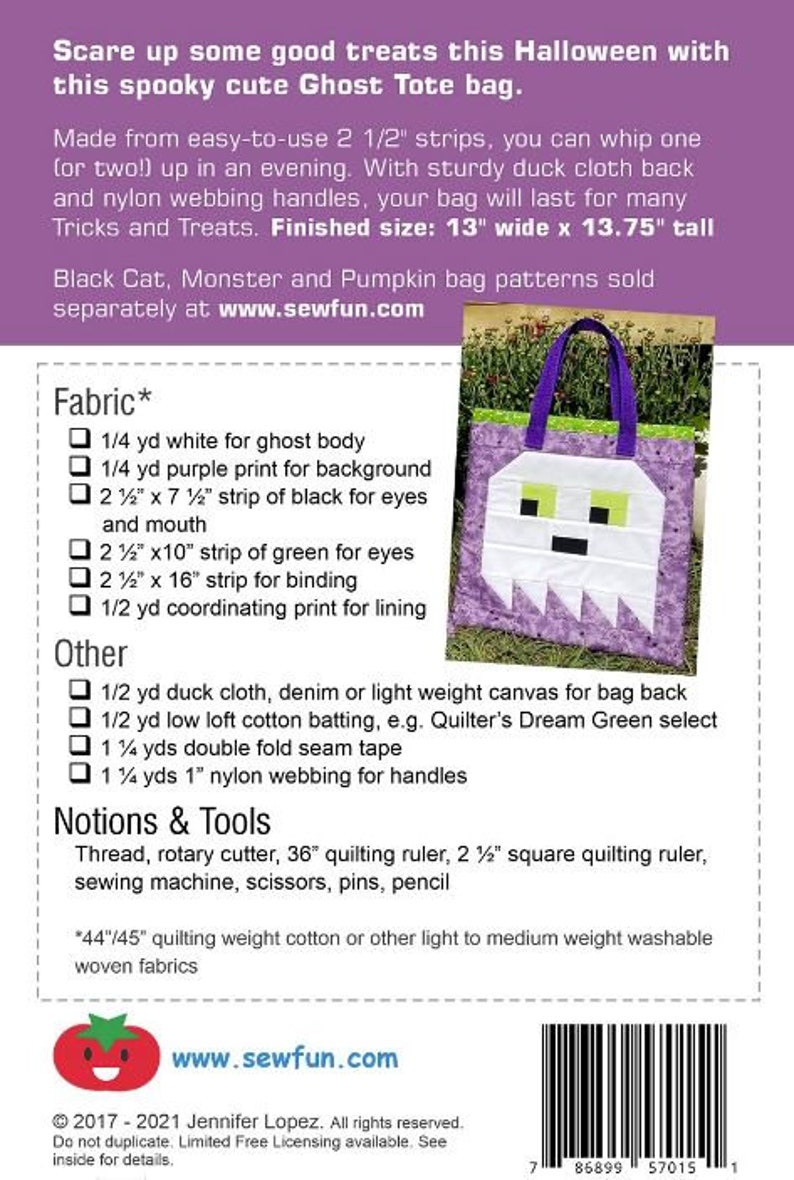 K&ouml;nnte beinhalten: Ein N&auml;hmuster f&uuml;r eine Tote Bag in Form eines Gespenstes. Das Muster enth&auml;lt Anweisungen zum N&auml;hen einer 33 cm breiten und 35 cm hohen Tote Bag. Das Muster enth&auml;lt auch eine Liste der ben&ouml;tigten Materialien, darunter Stoff, Vlies und Zubeh&ouml;r.