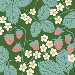May include: A repeating pattern of strawberries, leaves, and flowers. The strawberries are pink with green tops, the leaves are teal, and the flowers are white with yellow centers. The background is a dark green.