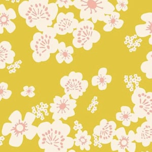May include: A repeating pattern of white and pink cherry blossoms on a golden yellow background. The floral design features various sizes of blossoms, creating a visually appealing and lively aesthetic. The design is suitable for fabric, wallpaper, or other decorative applications.
