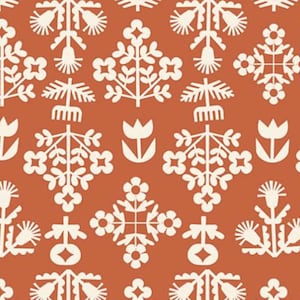 May include: A repeating pattern featuring off-white floral and botanical designs on a terracotta background. The pattern includes stylized flowers, leaves, and geometric shapes, creating a folk art or Scandinavian aesthetic. This design is suitable for fabric or wallpaper.