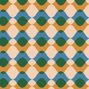 May include: Abstract pattern featuring repeating wave-like shapes in a retro color palette. The design incorporates shades of blue, green, tan, and peach, creating a visually appealing and dynamic composition. The pattern is suitable for various applications.