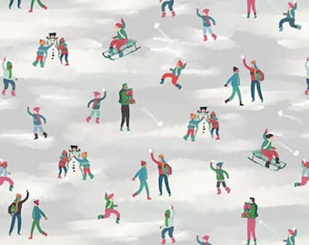 May include: A repeating pattern featuring winter scenes with people playing in the snow. The illustrations show figures in winter clothing, building snowmen, sledding, and throwing snowballs, all set against a gray background.