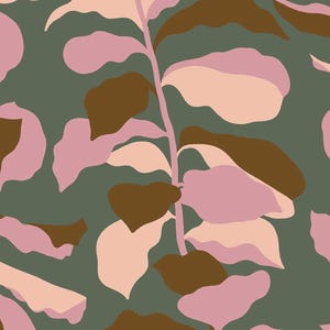 May include: Abstract botanical pattern featuring large leaves in shades of pink, brown, and peach against a muted green background. The design has a modern, minimalist aesthetic, suitable for various applications.