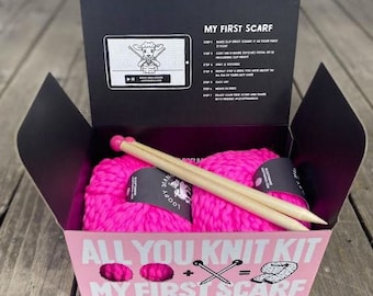 KIT - LOOPY MANGO - All You Knit Kit - My First Scarf - Spicy Hot Pink