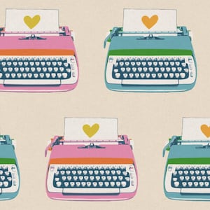 May include: A repeating pattern of vintage typewriters in teal and pink, each with a sheet of paper featuring a yellow heart. The typewriters have black keys and are set against a cream-colored background.