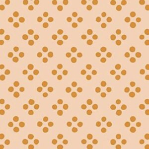 May include: A repeating pattern of small, golden-yellow circles arranged in a diamond grid on a light peach background. The design creates a textured, dotted effect, suitable for fabric or wallpaper.