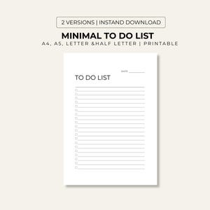 Puede incluir: Una lista de tareas minimalista imprimible en papel blanco. El texto "TO DO LIST" está en la parte superior, con un espacio para la fecha y varias líneas para tareas. La parte superior de la imagen dice "2 VERSIONS | INSTAND DOWNLOAD".