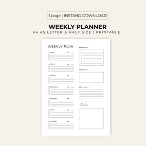 Puede incluir: Un planificador semanal imprimible en blanco con un diseño minimalista. El planificador incluye secciones para cada día de la semana, prioridades, recordatorios y notas. El texto en la parte superior dice "WEEKLY PLANNER A4 A5 LETTER & HALF SIZE | PRINTABLE".