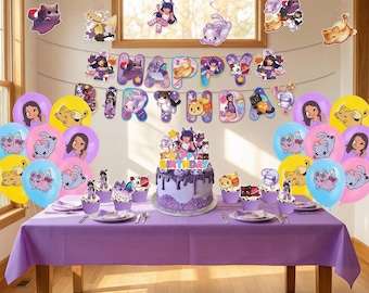 Aphmau Kitty Style Birthday Party Decorations – Kawaii Kitty Banner, Cake Toppers, Balloons, Swirls