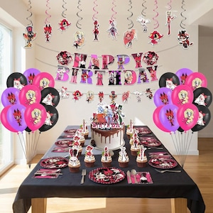 May include: A birthday party scene with a decorated table, cake, and balloons. The cake has a chocolate drip design and character toppers. Balloons are pink, purple, and black. The banner reads "HAPPY BIRTHDAY". Party decorations include character cutouts and hanging swirls.
