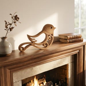 May include: A wooden bird sculpture with a decorative openwork design. The bird is light brown and sits on a wooden mantelpiece. A small vase with dried flowers and two leather-bound books are also visible.