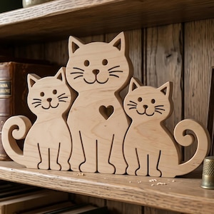 May include: A wooden cat family figurine with three cats of varying sizes. The cats are light-colored wood with etched details for eyes, whiskers, and smiles. The center cat has a heart-shaped cutout. The figurine sits on a wooden shelf.