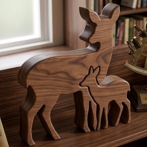 Op de afbeelding: Een houten beeldhouwwerk van een hertenfamilie. Het beeldhouwwerk toont een groot hert met een kleiner hert erin genesteld. De houtnerf is zichtbaar en het beeldhouwwerk wordt tentoongesteld op een houten oppervlak. De herten zijn bruin.