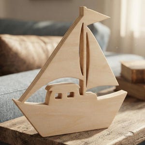 May include: A light-colored wooden sailboat figurine featuring a layered construction. The design includes a hull with a cabin section containing two rectangular cutouts, a tall mast, and a triangular sail extending to a pointed flag at the top.